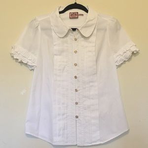 Juicy Couture White Tuxedo Ruffle Button down top